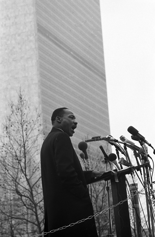 Martin Luther King Jr. at a Podium Speaking Outside UN, NYC, 1967