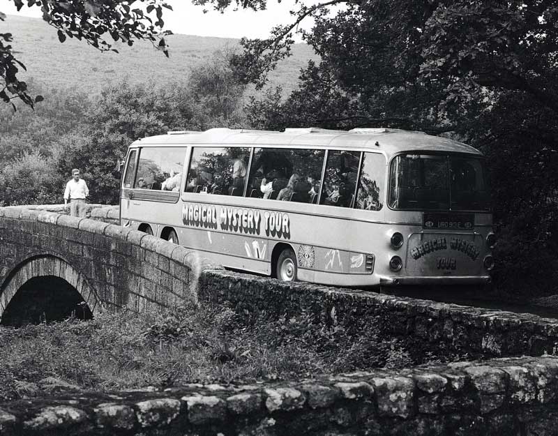 The Beatles Magical Mystery Tour Bus on a Bridge, Devon, 1967