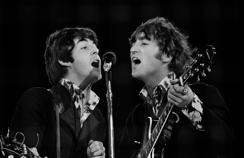 Paul McCartney & John Lennon Singing at the Mic, Candlestick Park, San Francisco, 1966