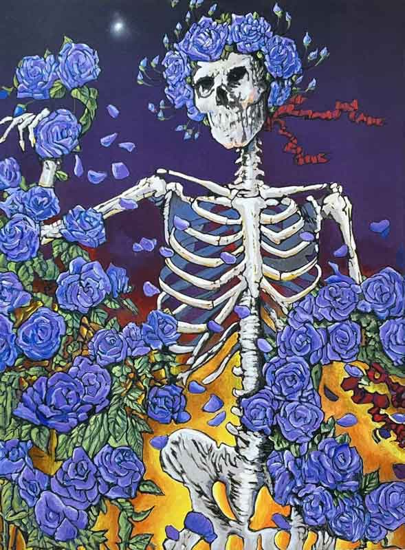 Skeleton and Roses, Blue Dawn - Hand Colored
